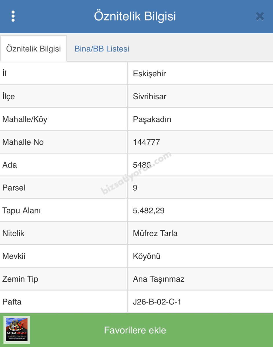 ESKİŞEHİR SİVRİHİSAR PAŞAKADIN MAHALLESİNDE SATILIK 5482 MT 2 TARLA